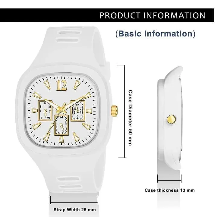 White Square Analog Watch with Gold Accents for Men - Image 2