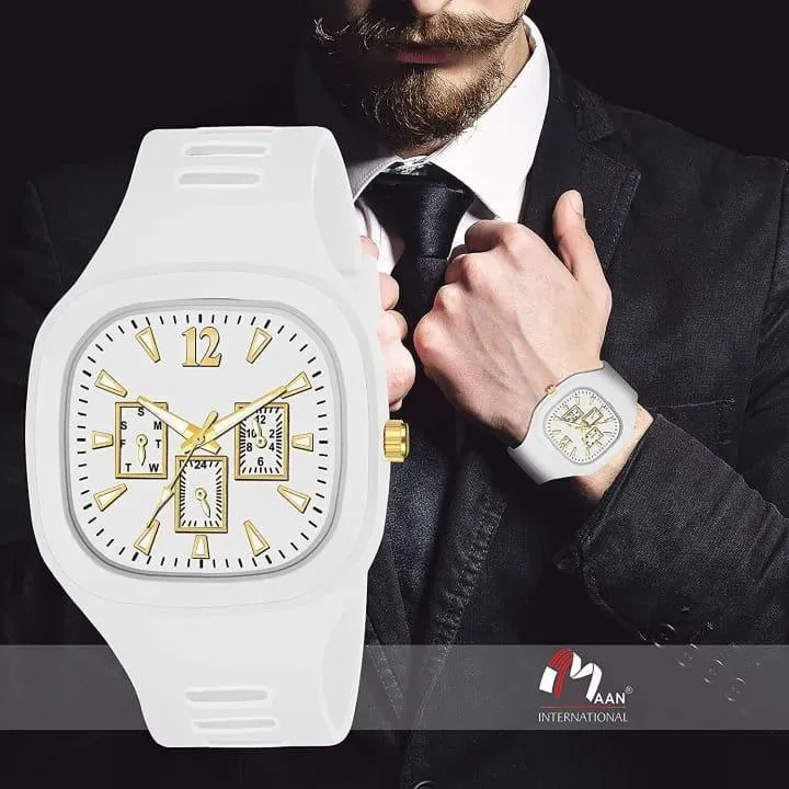 White Square Analog Watch with Gold Accents for Men - Image 4